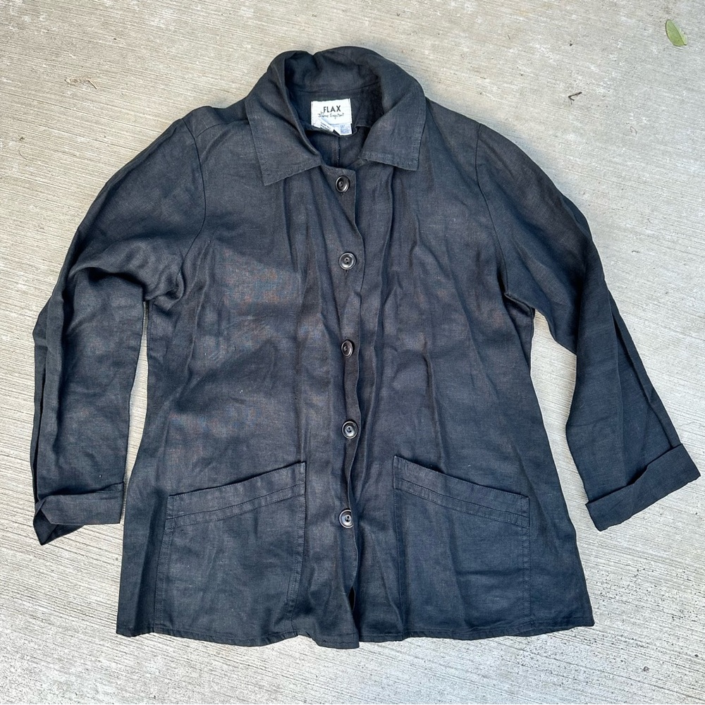 FLAX Drapey 100% Linen Button Down Blazer Shirt Black Small